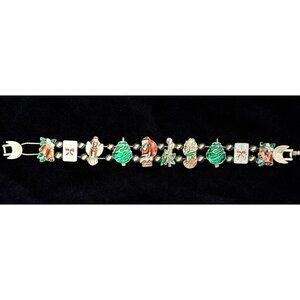 Vintage Christmas Enamel Charm Slide Bracelet Goldtone